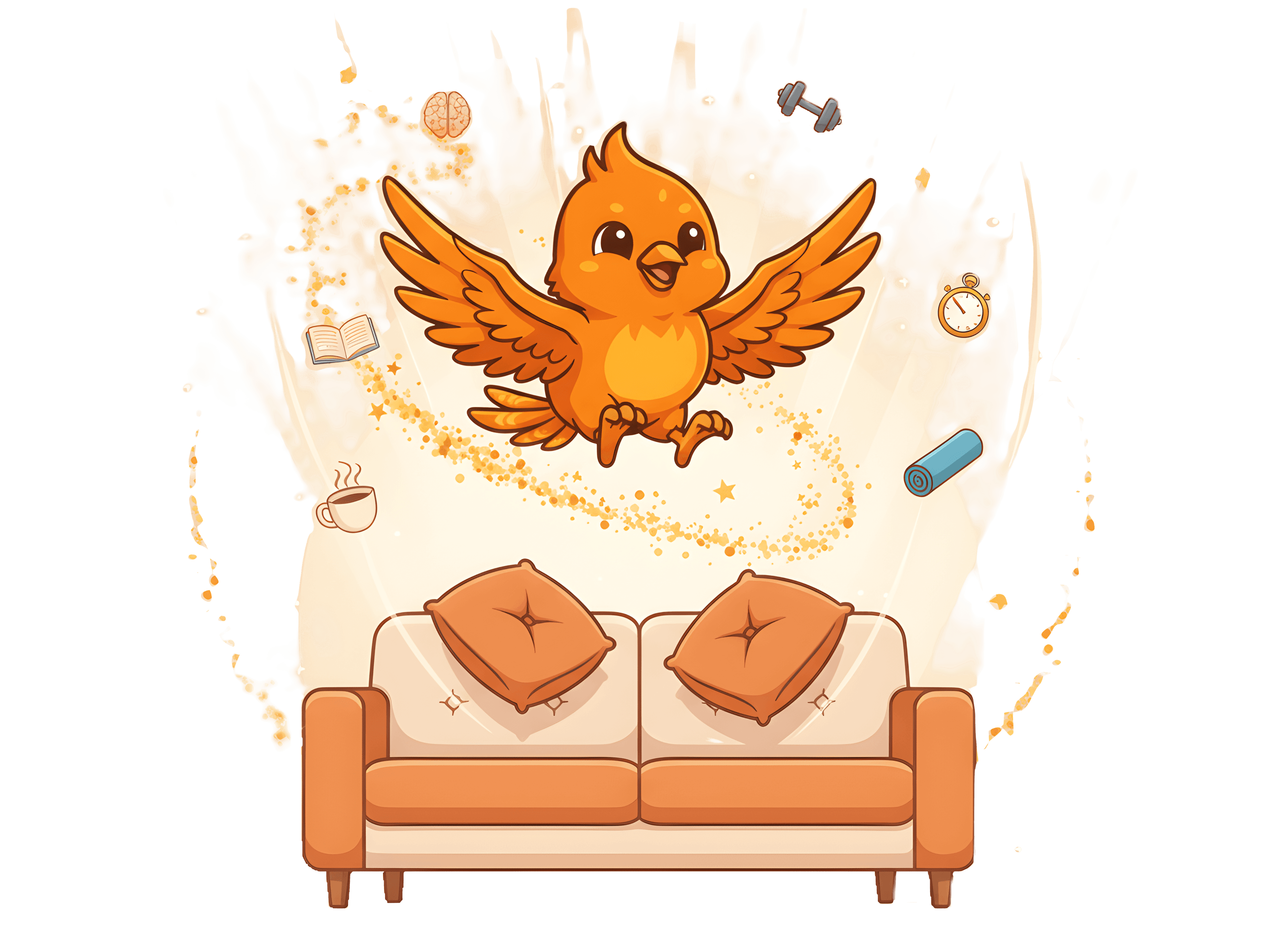 Phoenix character on a couch — the journey from inactivity to fitness independence